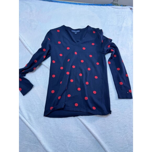 Tommy Hilfiger MED Blue with  RED  Polka-dot Pullover V-Neck Sweater LNC - Picture 1 of 8